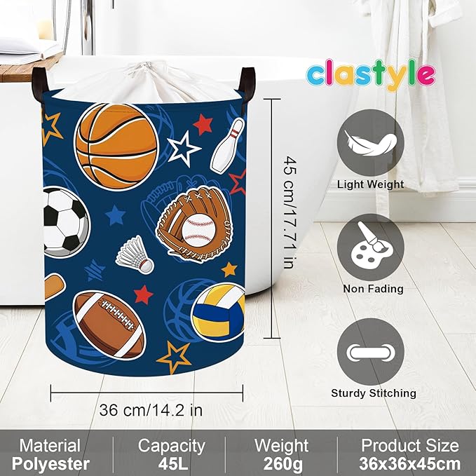 Clastyle Cartoon Sport Ball Laundry Basket Kids Clothes Book Storage Basket Gift Toy Box for Bedroom Decor,Football,36x45 cm