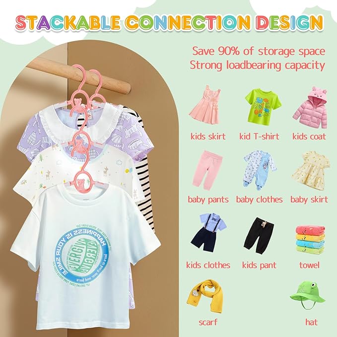 Baby Hangers, 11-14 Inch Extendable Kid Hangers - 60 Pack, Non-Slip, Stackable, Space Saving, Pink