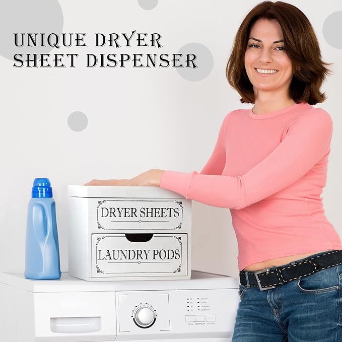 Tatuo Dryer Sheet Holder with Hinged Lid Farmhouse Dryer Sheet Dispenser Rustic Container Box Laundry Room Decor for Laundry Room Organization Fabric Pods, White