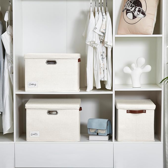 15" Large Collapsible Storage Bins with Lids, Stackable Closet Organizers with PU Handle and Labels, 3-Pack Decorative Fabric Storage Boxes for Home, Bedroom, Closet, Office, Nursery(White)