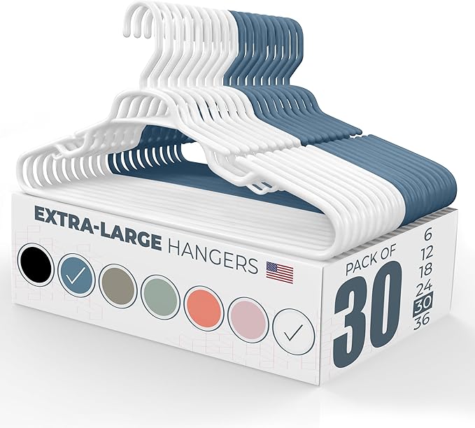 Neaties Large & Wide Heavy Duty Clothes Hangers 30 Pack – Made in USA – Ideal for Plus Size Clothing – 10lb Plastic Hangers with Notches for Oversized Adult Coats & Pants – White & Blue