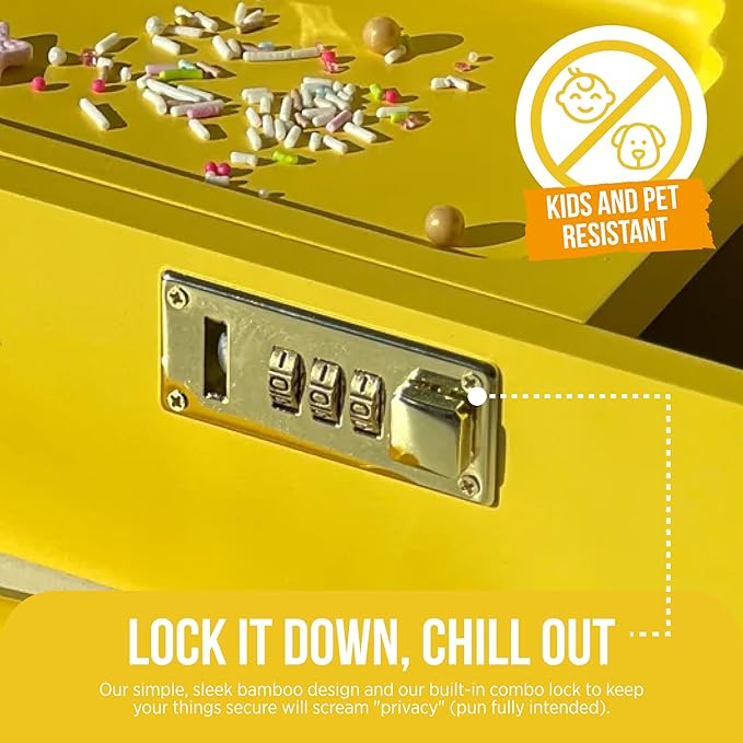 HASHSTASH The OG Storage Box - Large Bamboo Box with Combination Lock, Magnetic Lid, Organizer Tray, Airtight Tube and 3 Jars - Discreet Decorative Locking Wooden Box with Accessories (Yellow/Gold)