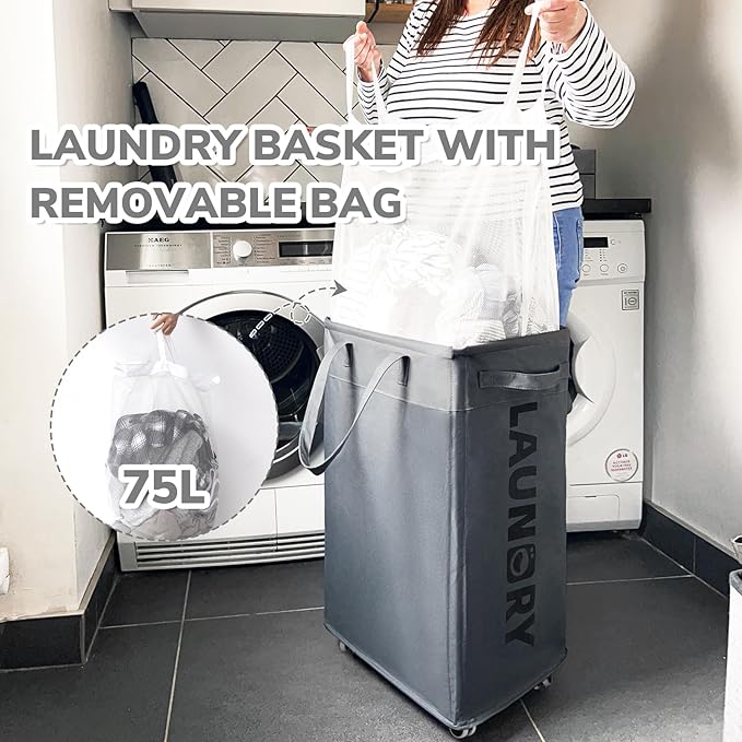 CHICVITA 2-Pack Hamper with Wheels, 75L Large Laundry Baskets with Removable Wash Bags, Foldable Laundry Baskets with Slim Design for Corner Dorms, Rolling Laundry Hamper on Wheels, Grey