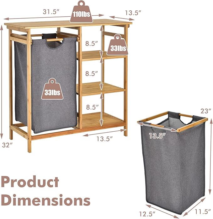 Giantex Bamboo Laundry Hamper Stand, Freestanding Laundry Organizer w/Removable Sliding Bag & 3-Tier Open Shelves, Multipurpose Utility Storage Cabinet for Bathroom, Living Room, Bedroom, Natural