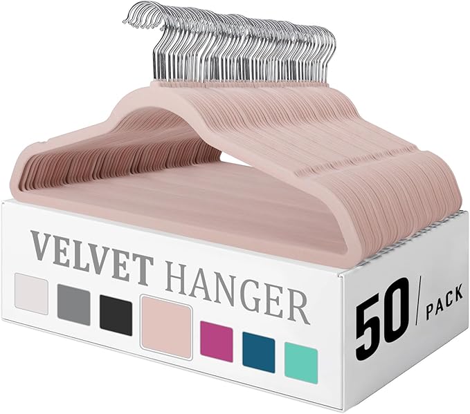 Premium Velvet Hangers - Heavy Duty Pink Non-Slip Space Savers; 50 Pack for Coats, Pants & Dress Clothes
