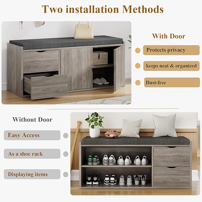 LVB 2-Tier Storage Bench with Padded Cushion, Entryway Shoe Bench with 2 Drawers, 2 Barn Doors & Adjustable Shelf, Industrial Style for Foyer, Bedroom, Living Room, Greige, 40 Inch