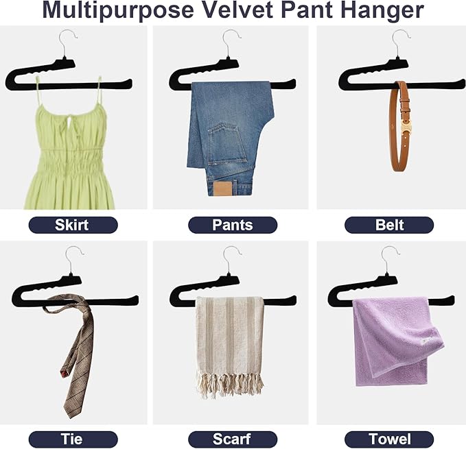 Velvet Pants Hangers - 32 Pack Black Non Slip Open Ended Hanger with 360 Swivel Hook - Closet Space Saving Hanger for Heavy Pants, Jeans, Trousers, Scarf