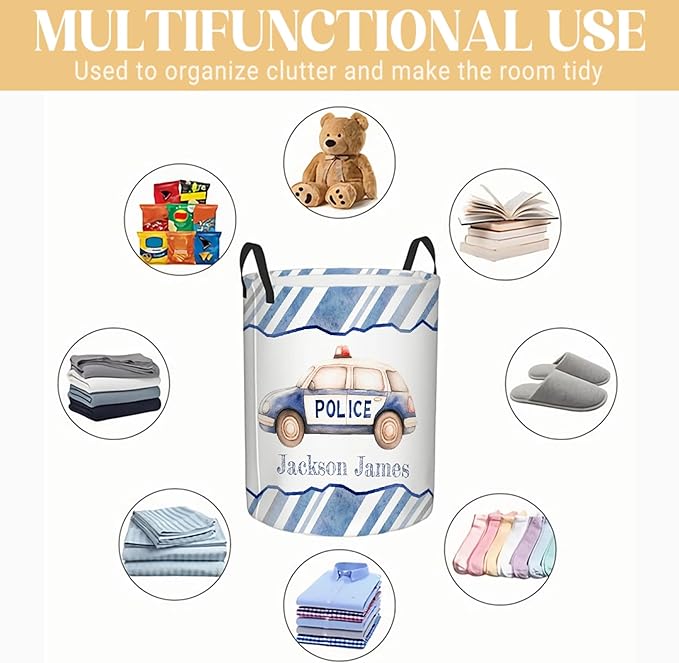 Personalized Police Car Laundry Basket, Custom Laundry Hamper With Name Gifts For Kids Baby Adults, Collapsible Dirty Clothes Storage Organizer With Handles S 16.5 X 13.8in