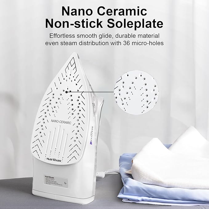Martisan Steam Iron for clothes, 1800W, Nano Ceramic Soleplate, Dynamic Steam Burst, Precise Thermostat for All Fabrics, Auto-off, Fast Heating, Self-Clean, 4-in-1 Iron, Anti-Drip, Anti-Calc, White