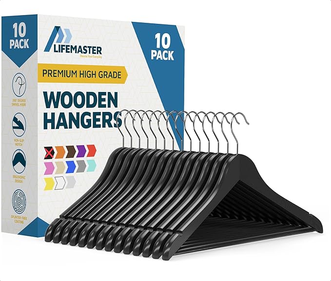 Lifemaster Wooden Clothes Hangers – with 360 Degree Swivel Hook and Non-Slip Shoulder Notch, Holds Up to 10 lbs, Pants Bar Design, for Organizing Suit, Dress, Coat, and Clothes, Pack of 10, Black