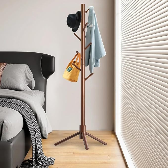 Wooden Coat Rack Stand, Freestanding Coat Rack with 8 Hooks, 3 Adjustable Size Coat Tree for Hats, Coats, Scarves bags, Coat Hanger Stand Used in Bedroom/Office/Entryway,2 PCS (Brown)