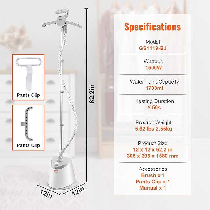 VEVOR Standing Steamer with Foldable Garment Hanger, 1.7L Water Tank for 90 Minutes Continuous Steaming, Heats in 45 Seconds & Auto-Stop with Fabric Brush Aluminum Rod and Easy-roll Wheels