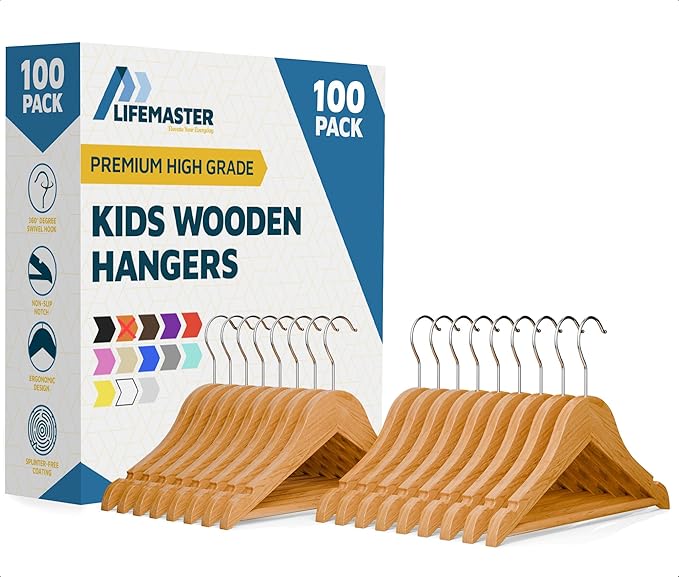 Natural Color Wooden Kids Hangers 100 Pack, Toddler & Baby Wooden Hangers, 11.8" Solid Maple Wood with 360° Swivel Hook, Pants Bar & Notches, Up to 7.7lb Capacity, Space-Saving Design for Ages 0–8