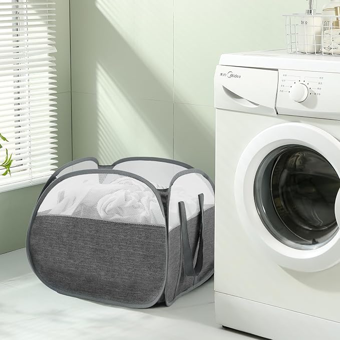 TECHMILLY Pop Up Foldable Laundry Basket, 90L Large Capacity Square & Tear Proof Laundry Hamper with Reinforced Handles for Dirty Clothes Storage in Dorm, Laundry Room, Bathroom, Grey(Fabric), 3 Pack