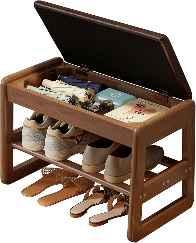 AQIMUELE Small Shoe Rack Bench,2 Tiers Shoe Bench with Storage with Flip-Top,Wood Shoe Rack for Entryway,Hallway（Dark Walnut Upholstered Seat）