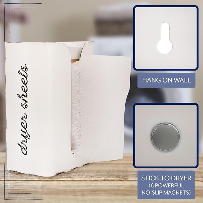AuldHome Design Dryer Sheet Dispenser (White); Rustic Distressed Style Fabric Softener Sheet Holder for Laundry Room