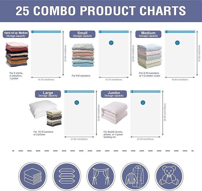 25 Pack Space Saver Bags (5 Jumbo/5 Large/5 Medium/5 Small/5 Roll) Compression Storage Bags for Comforters and Blankets, Vacuum Sealer Bags for Clothes Storage, Hand Pump Included