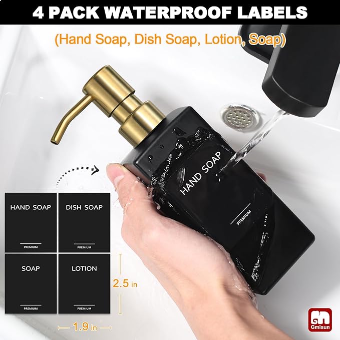 GMISUN Gold Soap Dispenser, Black Soap Dispenser Bathroom with Stainless Steel Pump, Hand and Dish Soap Dispensers Set for Kitchen, 12 fl oz/350ml Glass Liquid Refillable Lotion Dispenser Bottle