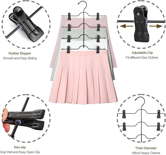 TOPIA HANGER 4 Tier Black Skirt Hangers for Women, Pants Hanger Space Saving with Adjustable Clips, Save 80% More Space, Clip Hanger for Slacks, Trousers, Shorts, Jeans, Towels, 4-Pack, CT75B