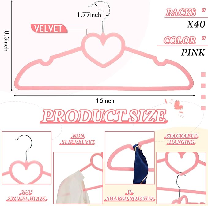 Tessco for you 40 Sets Pink Velvet Heart Hangers with Clips Non Slip Flocked Felt Heart Clothes Hangers 360° Degree Swivel Hook Space Saving Cute Drying Rack for Closet Space Saving Room Decor