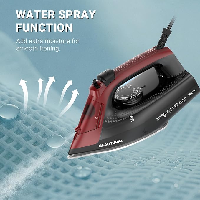 BEAUTURAL Steam Iron for Clothes, Ceramic-Coated Soleplate with Burst Steam, 3-Way Auto Shutoff, Anti-Drip and Anti-Calc, Self-Cleaning, 1500W Powerful for Home Use