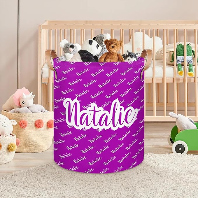 Personalized Laundry Basket, Custom Gift Laundry Hamper, Collapsible Nursery Waterproof Laundry Baskets, Dirty Clothes Toy Hamper with Handles Name Purple