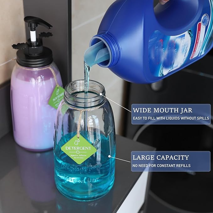 Glass Laundry Detergent Container - Besuerte Large Capacity Liquid Laundry Detergent Dispenser with Refillable & Reusable 2x50oz Mason Jars and Save Effort Pump Aid Handle, Black Cap