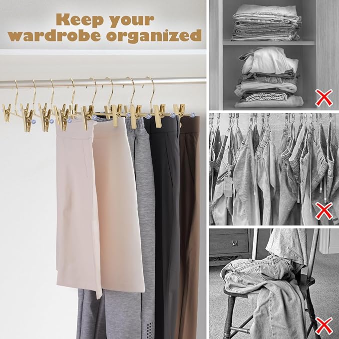 16-Pack Gold Pants Hanger, Adjustable Women's Skirt Hanger, Jeans Hanger Pants Hanger, Heavy Duty Space Saving Shorts Hanger ，uitable for Jeans, Shorts, Underwear, Sports Bras