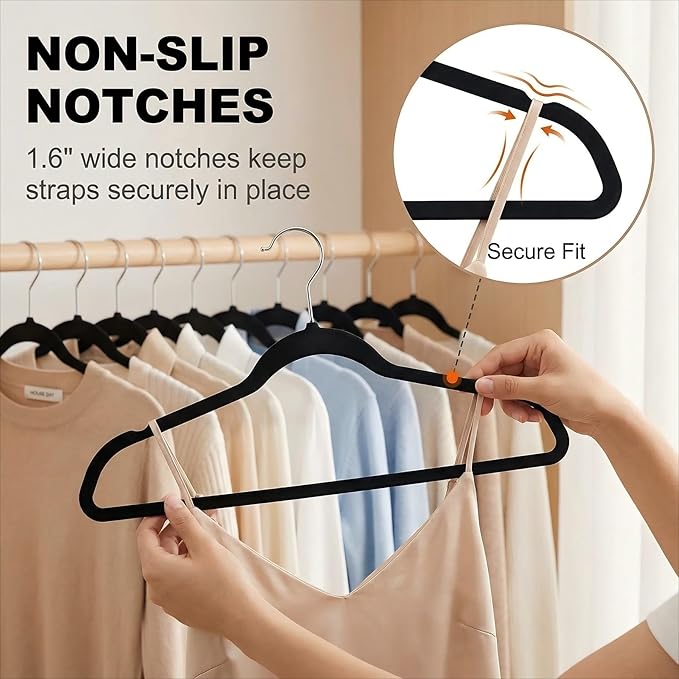 HOUSE DAY Quality Plastic Hangers 100 Pack - Heavy Duty Non-Velvet Hangers with Non Slip Notches & 360° Swivel Hook - Slim Space Saving Clothes Hangers Ideal for Coats Shirts Jackets Dresses (Black)