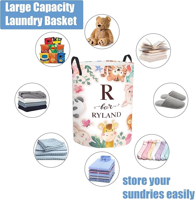 Custom Name Laundry Hamper Kids with Woodland Animals Print, Personalized Girl Laundry Basket for Nursery Bathroom, Customize Baby Name Laundry Baskets for Toddler Adults 2 Sizes