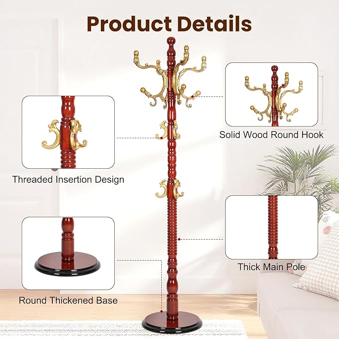 Freestanding Coat Rack with 12 Hooks, Sturdy Wooden Hall Tree for Entryway, Heavy-Duty Disc Base,for Hanging Hats, Jackets, Bags, Easy Assembly for Bedroom, Hallway, Office
