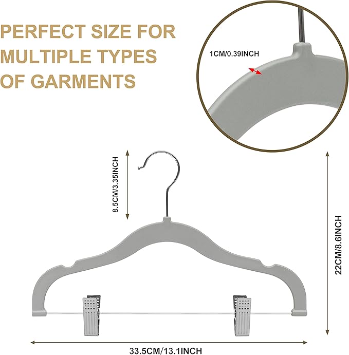 Quality Kids Children's Plastic Non Velvet Non-Flocked Thin Compact Skirt Pant Coat Hangers with Metal Clips for Skirts Pants Blouses 360° Swivel Hook, Jacket, Shirt, Legging, Suit Hangers (Gray, 10)