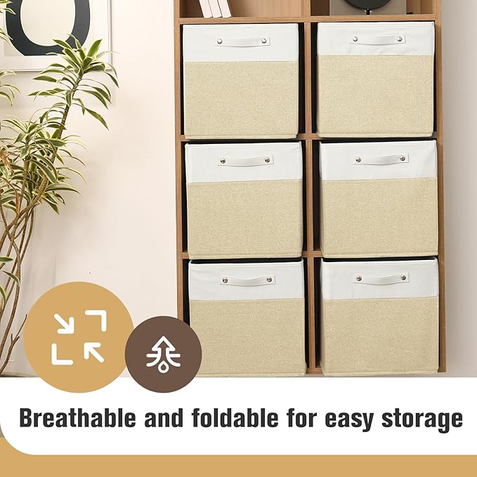 13 x 13 Inch Fine Linen Storage Bins with Handles，Fabric Cube Boxs，Basket Organizers for Shelves for Home, Closet Drawers (White/Khaki-4 Pack)