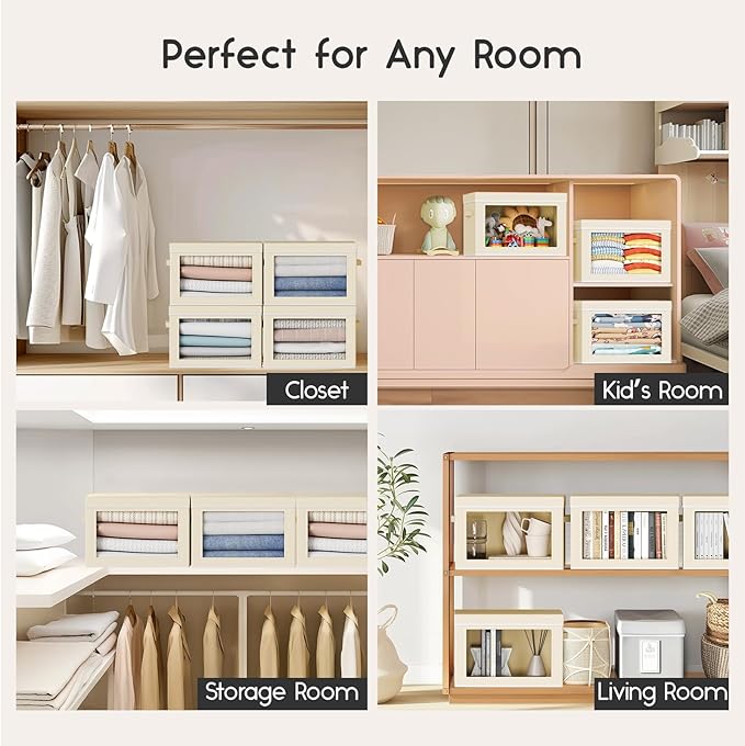 Collapsible Storage Bins with Lids - Stackable Storage Containers with Window, 6 Pack Fabric Organizing Bins for Closet, Home & Office Organization Baskets, Beige, 14.9" x 9.8" x 9.8"
