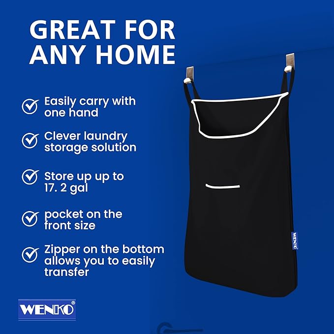 WENKO Laundry Hamper Bag Hanging, Over The Door Basket with Hooks, for Bathroom, Closet, Space Saving Storage, Wall mounted 3.94 x 20.47 x 31.89 in, Black