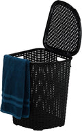 Plastic Corner Laundry Hamper with Lid, Curved Designed Laundry Basket, Triangle Black Cloths Hamper Organizer with Cut-out Handles for Laundry Room Bedroom Bathroom, Wicker Design, 50 Liter