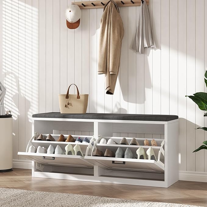 Shoe Storage Bench with Cushioned Seat, 2-Tier Entryway Bench with 2 Flip Drawers & Adjustable Shelves, 39.4" Shoe Rack Bench for Entryway, Living Room, Hallway (White)