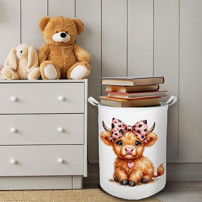 Highland Cow Baby Nursery Laundry Basket, Toybox for Girls Room, Pink Leopard Bow Cow Laundry Basket Waterproof Collapsible Clothes Toys Storage Bin Organizer for Kids Room Playroom Bathroom