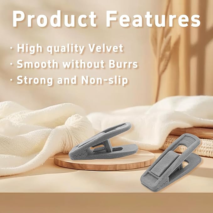 20PCS Velvet Hanger Clips, Non-Slip Velvet Clips Strong Finger Clips Clothes Clips Pants Hangers Clips, Gray