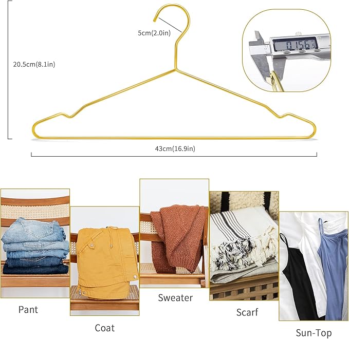 Nature Smile 17 Inch Heavy Duty Shiny Gold Metal Clothes Hanger With Big Notches - Coat, Suit, Dress - Pack of 20