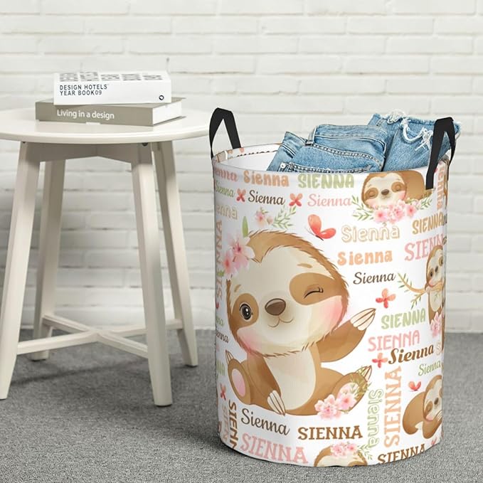 Sloth Laundry Basket,Personalized Laundry Hamper for Boys Girls,Custom Laundry Basket With Name, Customized Dirty Clothes Hamper for Bathroom Bedrooms,M-19.5"X 15.7"