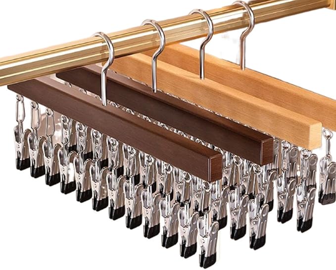 Closet Organizer with 10 Clips - Space Saving Hanging Closet Organizer, Legging Organizer for Closet Hanging, Pants Scarf Hangers with Clips (Wood)