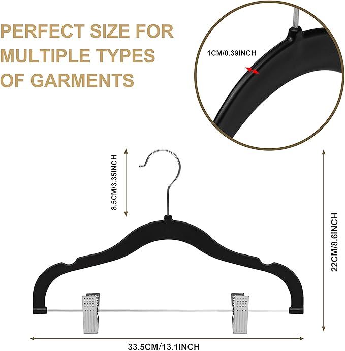 Quality Kids Children's Plastic Non Velvet Non-Flocked Thin Compact Skirt Pant Coat Hangers with Metal Clips for Skirts Pants Blouses 360° Swivel Hook, Jacket, Shirt, Legging, Suit Hangers (Black, 10)