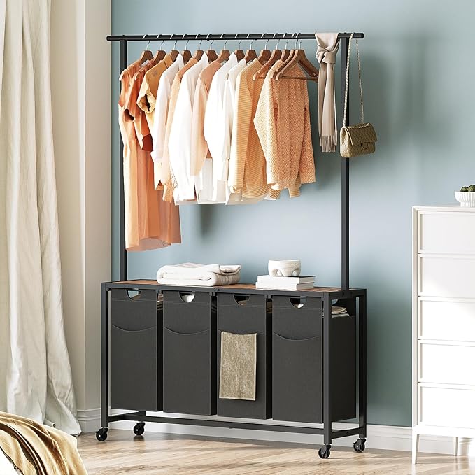 Laundry Sorter 4 Section, Rolling Laundry Hamper with Hanging Rack, Laundry Sorter with Wheels, Hampers for Laundry, Laundry Basket Organizer for Laundry Room, Rustic Brown LS47BR