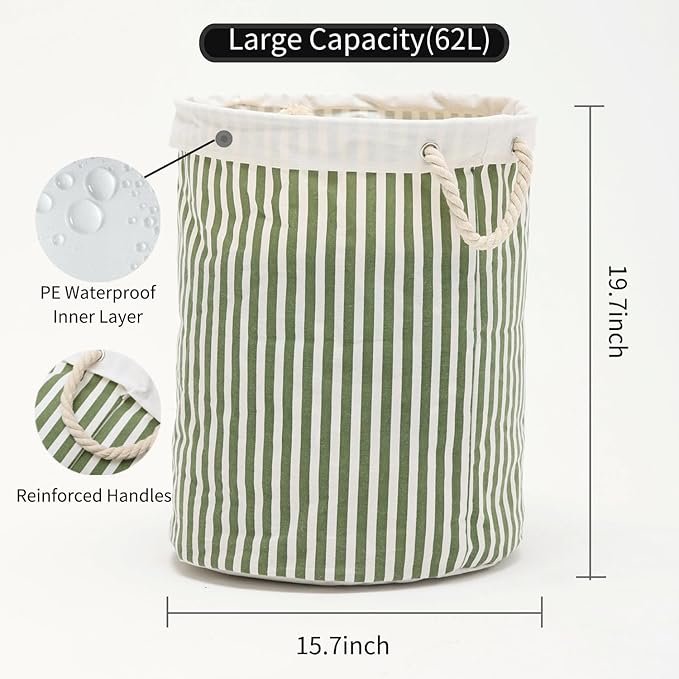 Large Storage Laundry Hamper Basket 62L with Handles for Dirty Clothes Toy Organizer Bins, Waterproof, Collapsible Laundry Hamper, Classic Stripes Pattern, Green Color,1-Pack, Bathroom, Dorm