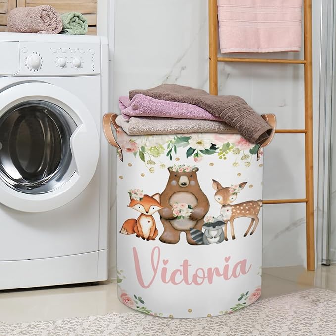 Personalized Laundry Basket, Custom Gift Laundry Hamper, Collapsible Nursery Waterproof Laundry Baskets, Dirty Clothes Toy Hamper with Handles Pretty Floral Woodland Animals
