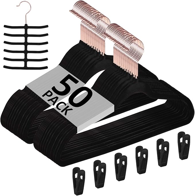 VECELO Premium Velvet Clothes Hangers Suit Heavy Duty (50 Pack)-Non Slip & Space-Saving with 6 Finger Clips & Tie Rack Excellent for Men and Women,Black