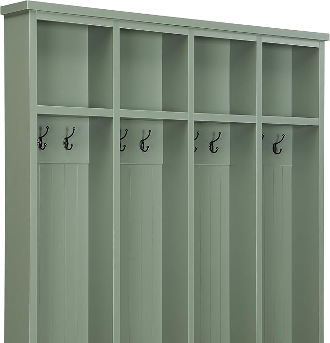 Farmhouse 59" Wide Hall Tree with 8 Hanging Hooks, Wood Grain Bench with Open Compartments, 76.7" H Entryway Shoe Rack Coat Hanger for Living Room Mudroom Hallway (Green-8.26)