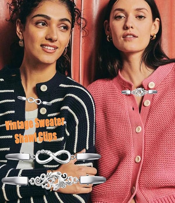 Vintage Sweater Clips Shawl Dresses Shirt Clips Retro Cardigan Collar Chain Clips Brooch Pins for Women