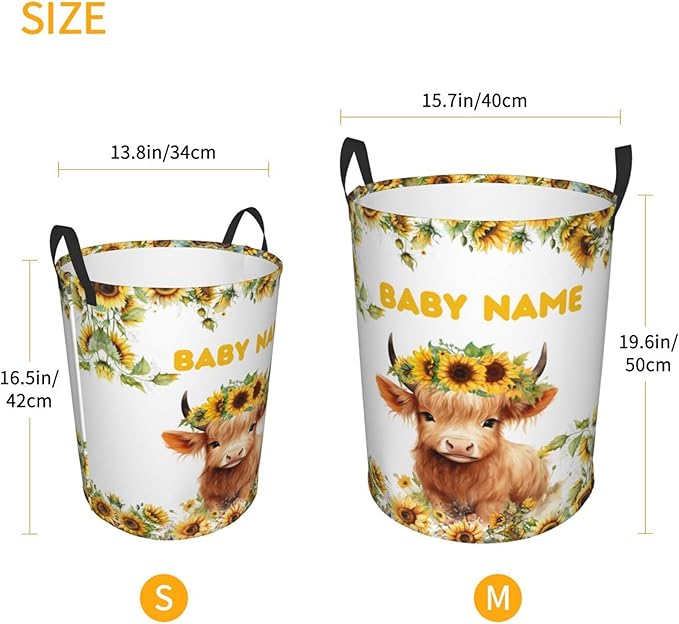 Personalized Cow Sunflower Laundry Basket For Baby Kids Boys Girls Adult Custom Hamper Basket With Name For Bathroom Bedrooms Collapsible Baby Laundry Basket, Dirty Clothes Hamper With Handles